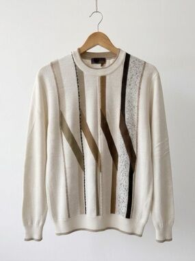 Vintage AEFFE Italy XL Geometric Stripe Knit Sweater 90s Italian Coogi Style